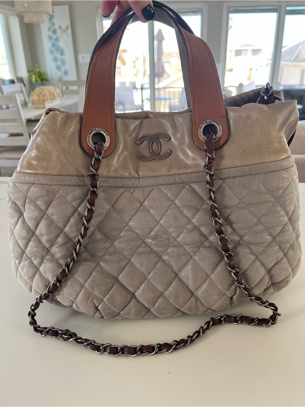 Chanel In the Mix Quilted Calfskin Two-Tone Shoulder Tote Bag Grey Silver HW